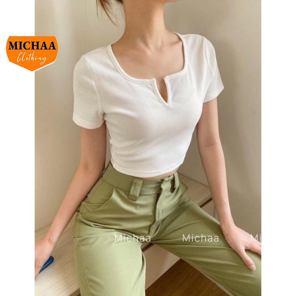 Áo Croptop Cổ KHOÉT CHỮ V Tay Ngắn Nữ Thun Cotton Phong Cách Gợi Cảm MICHAA CR35