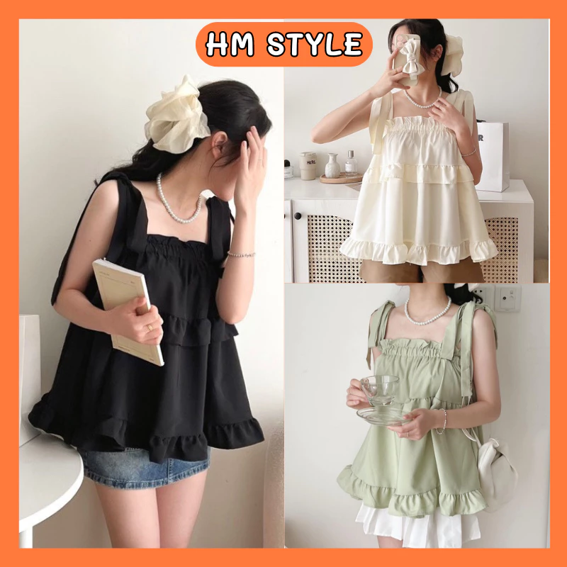 Áo 2 dây HMStyle, áo babydoll cột nơ vai phong cách tiểu thư công chúa chất đũi gân mùa hè nhiều màu - mã SA91