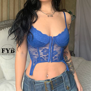 [Cao cấp] Áo corset croptop sexy khuy cài thun co giãn kết hợp ren lưới xuyên thấu gợi cảm