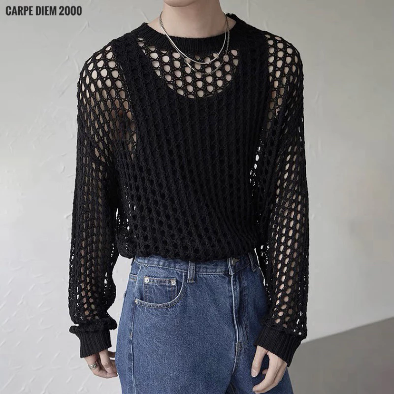 Hollow Out Knitted Shirt - Áo len đan móc lưới len lỗ dệt kim unisex nam nữ. Màu đen, trắng, xám, olive, tím.