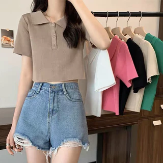 Áo croptop polo nữ ngắn tay kiểu cổ bẻ chất len dệt kim mongtoghi dáng ngắn hàng Quảng Châu cao cấp