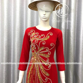 Áo dài trung niên Đinh Hương vải chifon 4 tà màu đỏ thiết kế họa tiết thêu đính hoa, áo dài bà sui