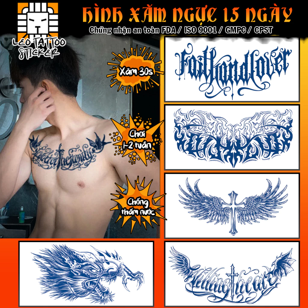 [Loại Dài Ngày] Hình Xăm Dán Ngực Nam Nữ 15 Ngày Henna LEO TATTOO (28x15cm)