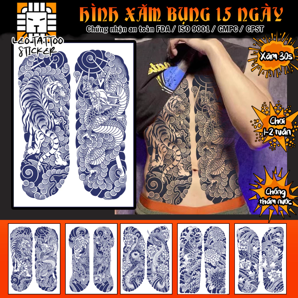 [Loại Dài Ngày] Hình Xăm Dán Kín Bụng Nhật Cổ, Xăm Áo 15 Ngày (34x48cm)
