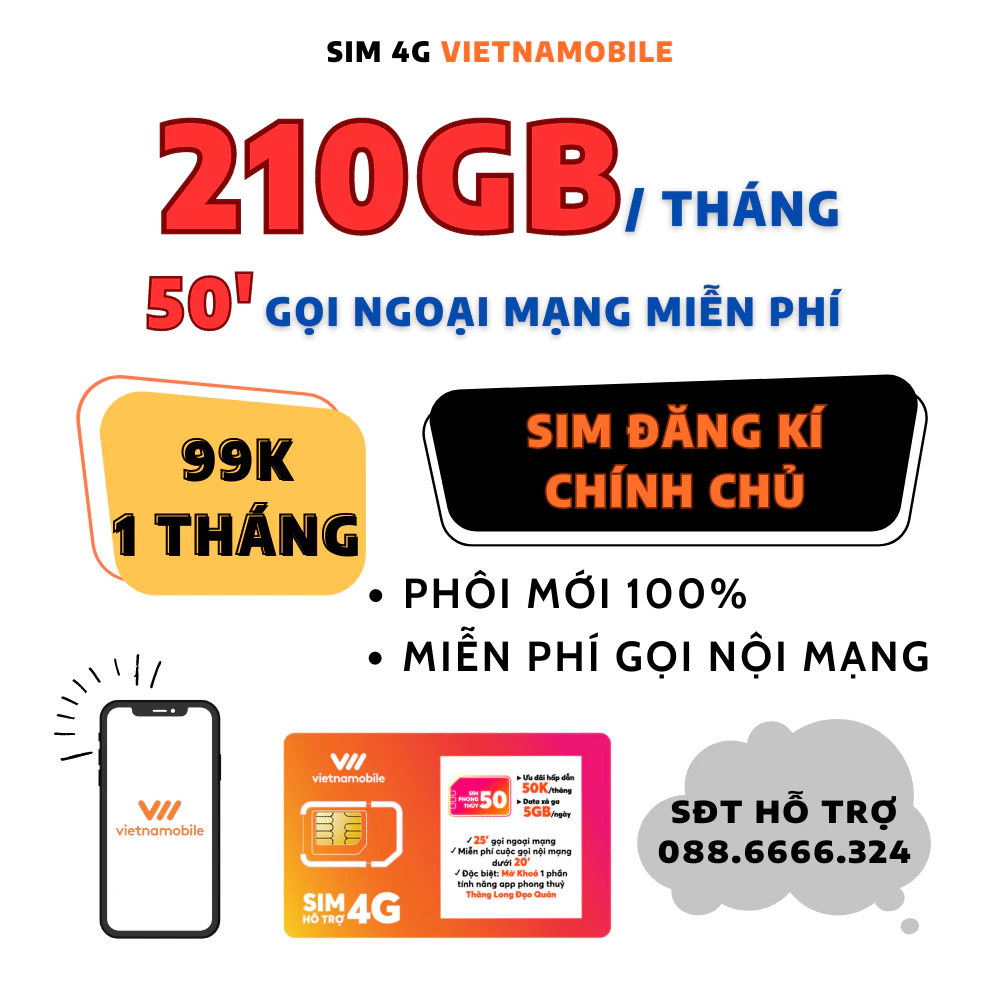 Sim 4G Vietnamobile siêu ưu đãi Data 7GB/ngày tốc độ cao, Số đẹp đầu 09, Tặng 50p ngoại mạng, Miễn phí nội mạng.