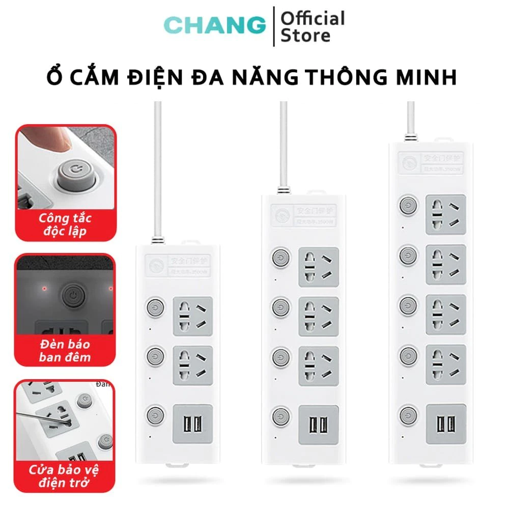 Ổ Cắm Điện Đa Năng Thông Minh Cổng USB 5v Sạc Nhanh, Chịu Tải 2500W, Tiết Kiệm 30 kWh Dây Nối Dài 2,5m