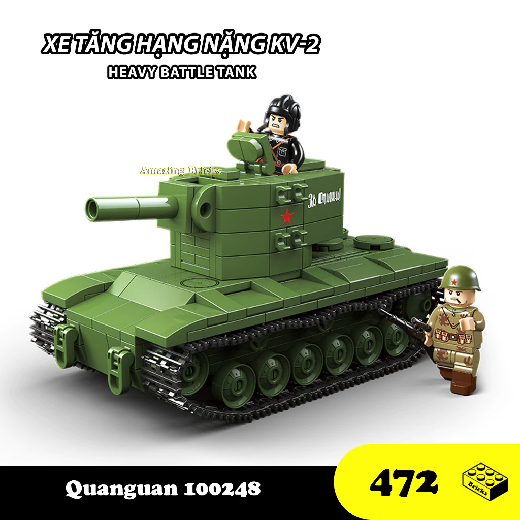 Đồ chơi Lắp ráp xe tăng hạng nặng KV-2, Quanguan 100248 Heavy Tank, Xếp hình thông minh, Mô hình xe tăng