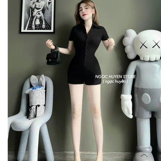 Jumpsuits Áo Liền Quần Thời Trang Nữ Dự Tiệc Chất Thun Gân Cổ Sơ Mi Đính Nút Tay Ngắn Bo Eo Ống Ôm Mini Siêu Cute