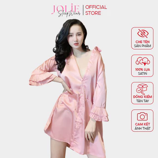 Váy ngủ nữ sơ mi lụa hồng đầm mặc nhà tay lỡ phối dập ly chất lụa satin cao cấp freesize 40-60kg - Jolie sleepwear 026