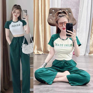 Đồ bộ nữ, set đồ bộ quần ống rộng đai cao có túi và áo croptop ôm ngắn tay thun gân cotton dày co giản mềm mát (in)