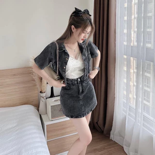 🍒🍒🍒SÉT VÁY JEAN CÓ LÓT TRONG áo croptop fom rộng kèm chân váy chữ a lyie