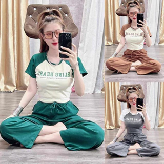 Đồ bộ nữ, set đồ bộ quần ống rộng lưng cao có túi kèm áo croptop ôm ngắn tay thun gân dày xịn co giản mềm mát (in)