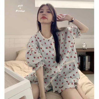 Set bộ ngủ áo quần pijama ngắn đũi xốp nhăn ulzzang hoạ tiết phối cách điệu