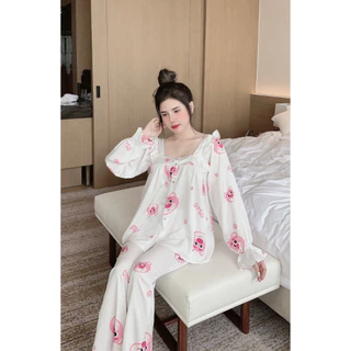 Đồ Bộ Nữ Pijama Mặc Nhà, Bộ Ngủ Dễ Thương Áo Tay Dài Quần Dài Chất Vải Lụa Cao Cấp Tiểu Thư Dưới 60kg, Đồ Mặc Nhà