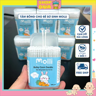 Tăm Bông Kháng Khuẩn Molli Cho Bé Sơ Sinh, Hộp 200 Que.