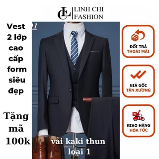 bộ vest nam công sở hàng cao cấp LINH CHI vải kaki thun loại 1 áo có lớp lót dày dặn