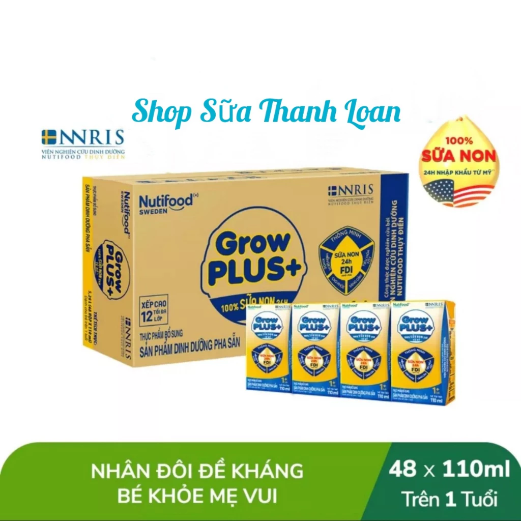 [HSD T1-2025] Thùng 48 Hộp Sữa Bột Pha Sẵn Nutifood GrowPLUS+ Sữa Non (Vàng) 110ml.