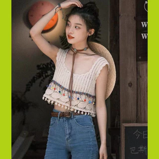 Áo Croptop Hai Dây Dệt Kim Không Tay Cổ Vuông Nhiều Lớp Phối Ren Phong Cách Retro Dành Cho Nữ Crop01