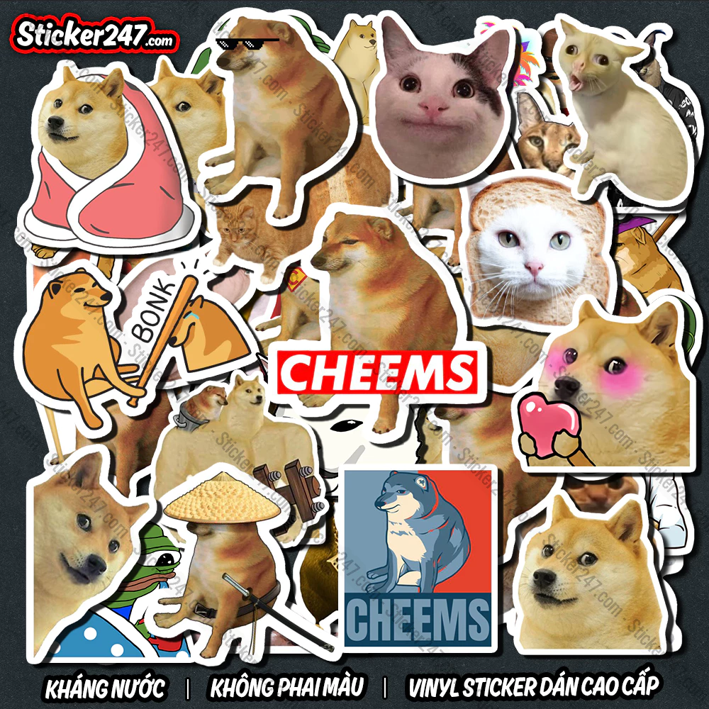 Sticker MeMe Cheems 🌈𝑭𝒓𝒆𝒆𝒔𝒉𝒊𝒑 Sticker Dán Mũ Bảo Hiểm, Dán Vali, Đàn Guitar - Hình Dán Chống Thấm Nước - Cắt sẵn CHA23
