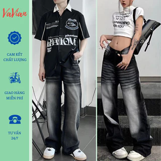 Quần jean  ống rộng UNISEX màu xám khói, quần jean Wash, quần bò ống rộng nam nữ lưng cạp cao