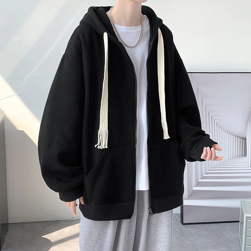 Áo khoác hoodie nam trơn form rộng, áo hoodie zip nam 2 màu đen xám basic có dây bản to tạo phong cách trẻ trung Hàn Quố