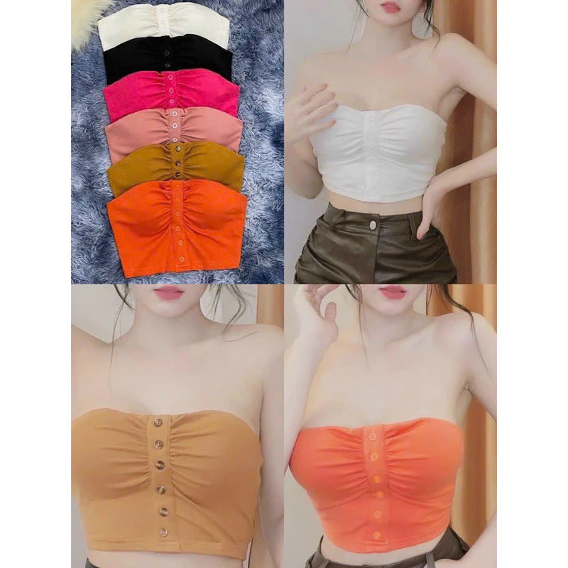 Áo ống cúp ngực croptop (có mút) nhún ngực đính nút - B0L