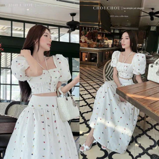 Set chân váy maxi dáng xòe kèm họa tiết hoa nhí đáng yêu mix áo cánh phồng form ngắn sexy, quyến dũ