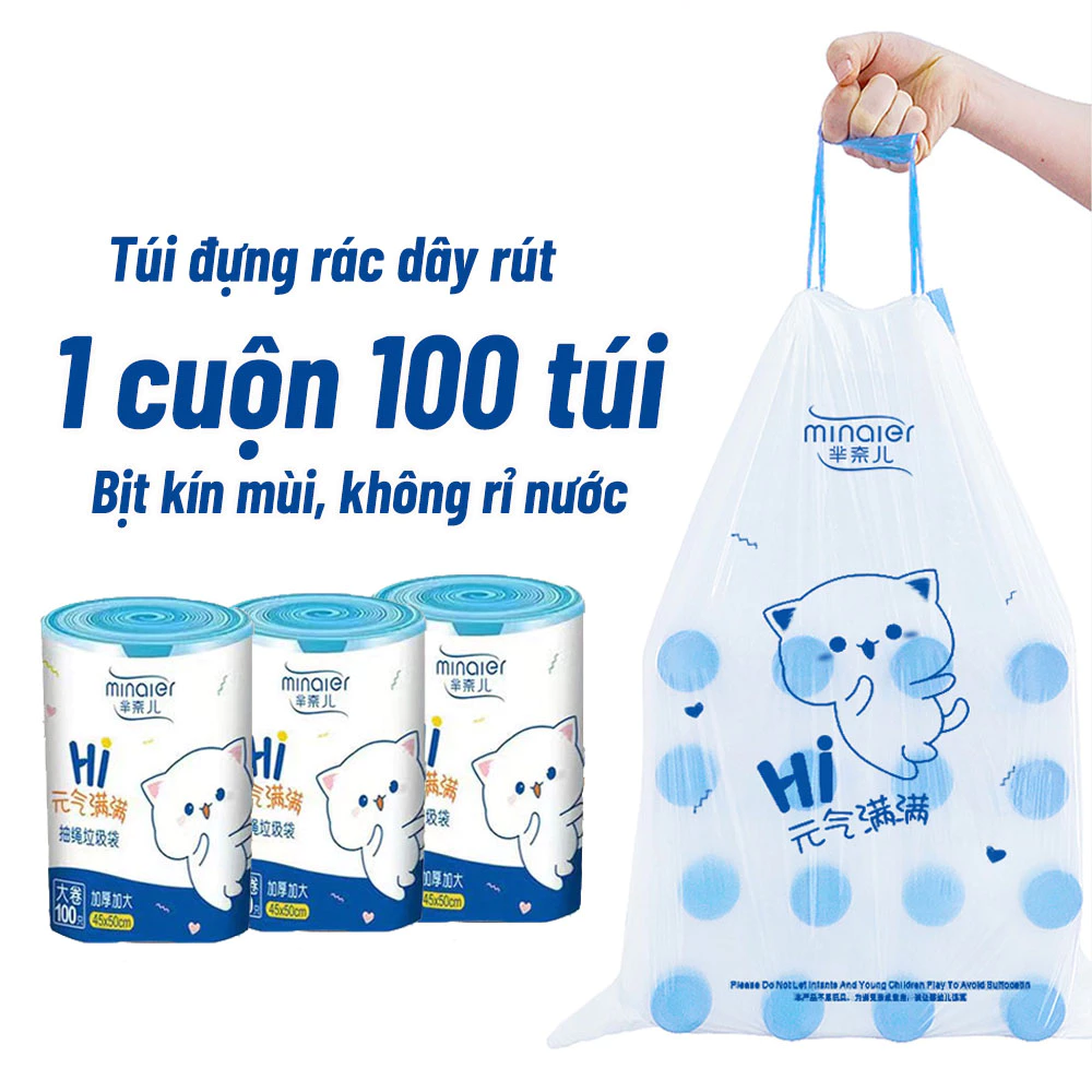 Túi đựng rác tự phân hủy có quai Minaier siêu dày dai chắc chống rỉ nước không sợ bẩn tay kích thước 45x50cm