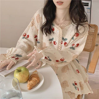 Set bộ ngủ dài tay đũi xốp pijama dáng dài ulzzang hoạ tiết