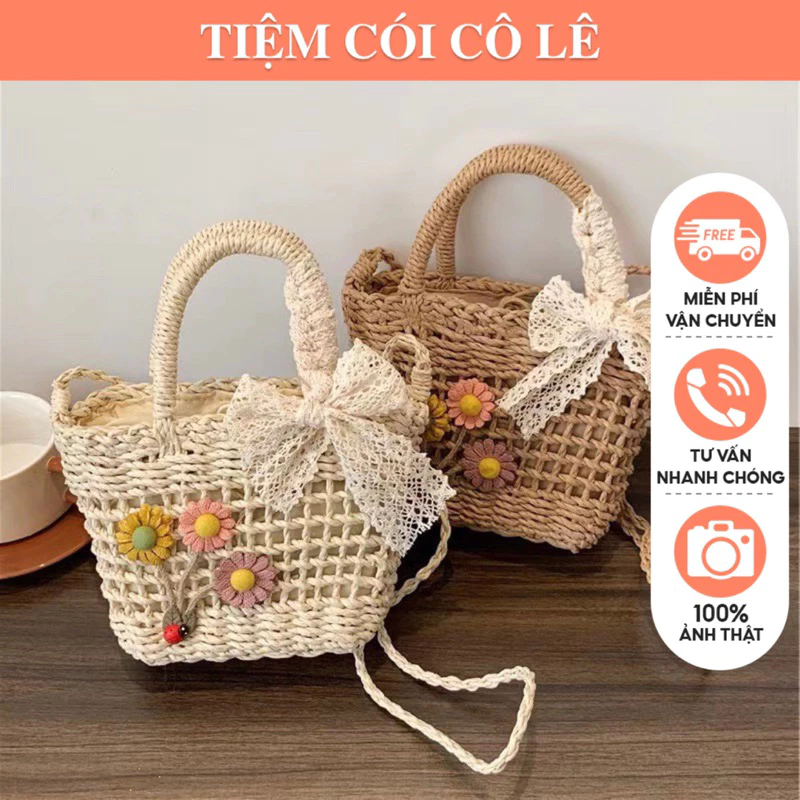 Túi cói giỏ cói mini rào thưa size 19 phối nơ siêu dễ thương-Tiệm Cói Cô Lê