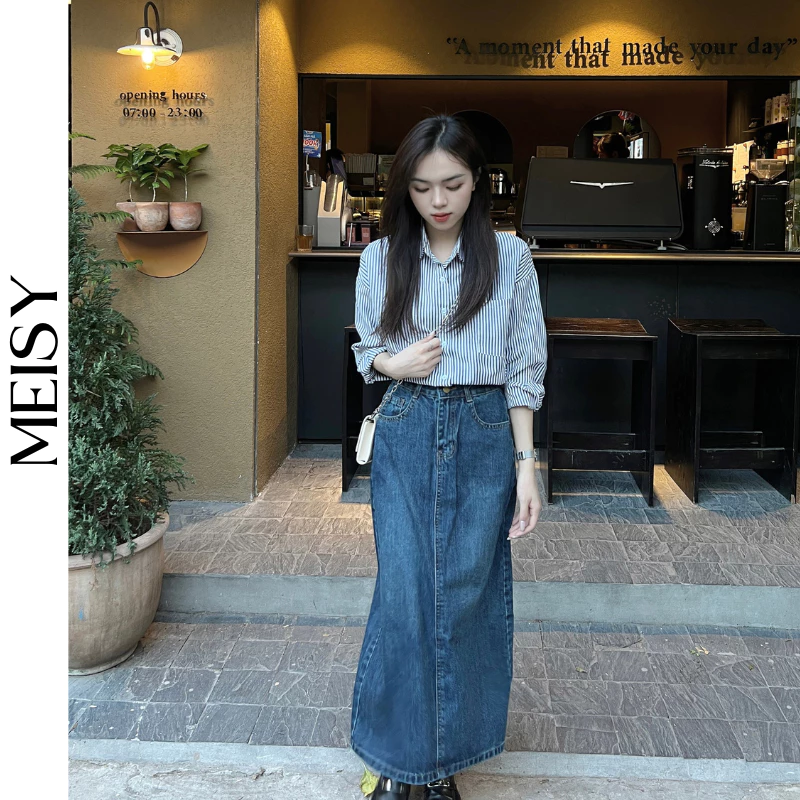 Meisy chân váy jean bò xẻ tà sau dáng dài chữ A