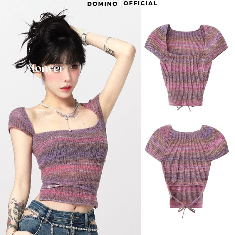 Áo Croptop Dệt Kim Domino Cổ Vuông Dáng Ôm Siêu Tôn Dáng Cho Nữ