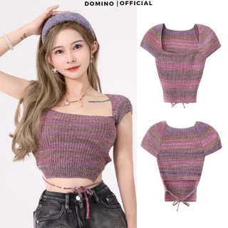 Áo Croptop Dệt Kim Domino Họa Tiết Kẻ Sọc Cổ Vuông Ôm Dáng