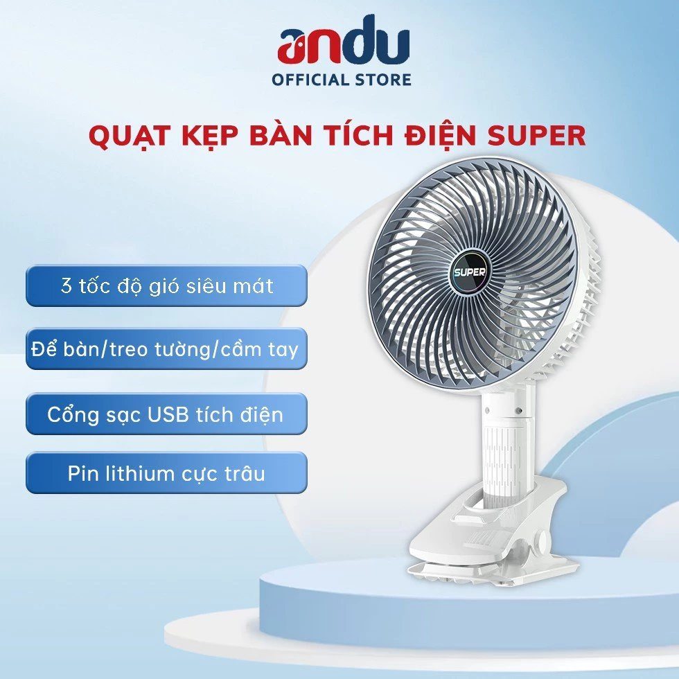 Quạt Kẹp Bàn Xoay 360 Độ Super Tích Điện, Quạt Kẹp Xe Đẩy, Quạt Tích Điện Kẹp Bàn 3 Tốc Độ Gió Nhỏ Gọn Không Gây Ồn