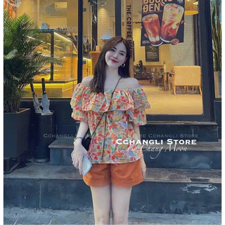 Set đồ nữ thời trang mặc đi chơi áo bèo trễ vai chất lụa ý in hoa phối quần đùi cotton lạnh,