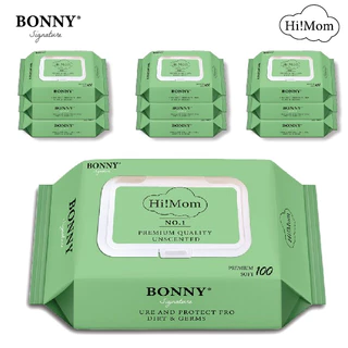 Khăn Ướt Bonny Himom Signature Không Mùi Có Nắp Đậy,  An Toàn Cho Bé Từ Sơ Sinh 100 Tờ/ Gói (Mã mới)