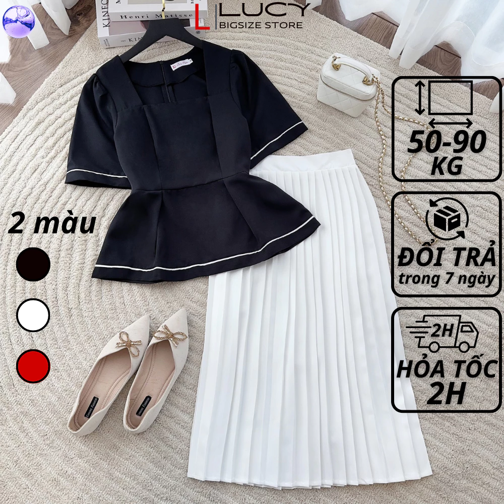 Set đồ bộ bigsize nữ dự tiệc đi chơi kiểu áo cổ vuông chân váy xếp ly chất cotton lạnh mềm LUCY 50 - 90 kg SET-VM