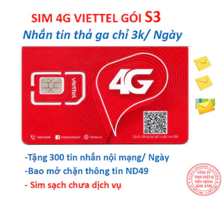 Sim nghe gọi Viettel gói S3 ưu đãi 300 SMS miễn phí chỉ 3K/ngày, Miễn phí tin nhắn, Hàng chính hãng