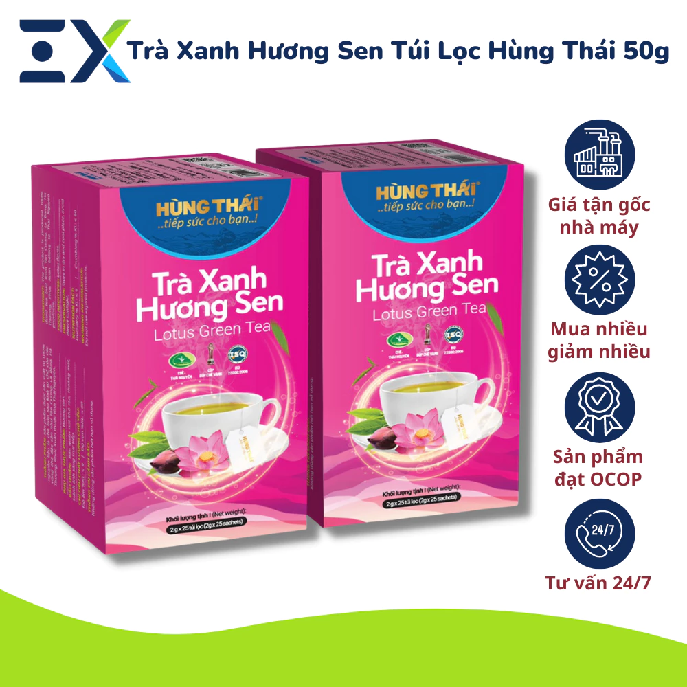 [50G] Trà Xanh Hương Sen Túi Lọc Hùng Thái (25 gói x 2g), Đặc Sản Thái Nguyên, Tiện Lợi, Giúp Tăng Cường Hệ Miễn Dịch