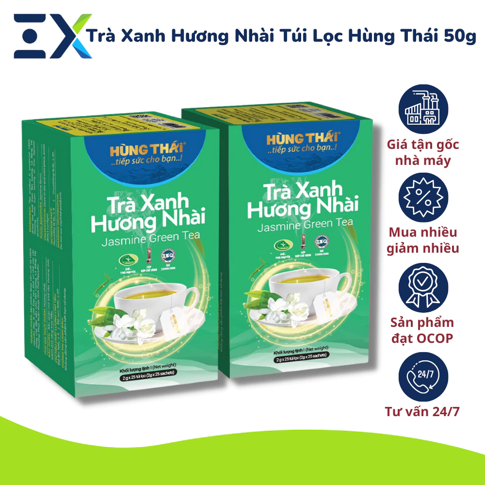 [50G] Trà Xanh Hương Nhài Túi Lọc Thương Hiệu Hùng Thái (25 gói x2g) Giúp Giảm Stress, Giảm Cân, Điều Hòa Lưu Thông Máu