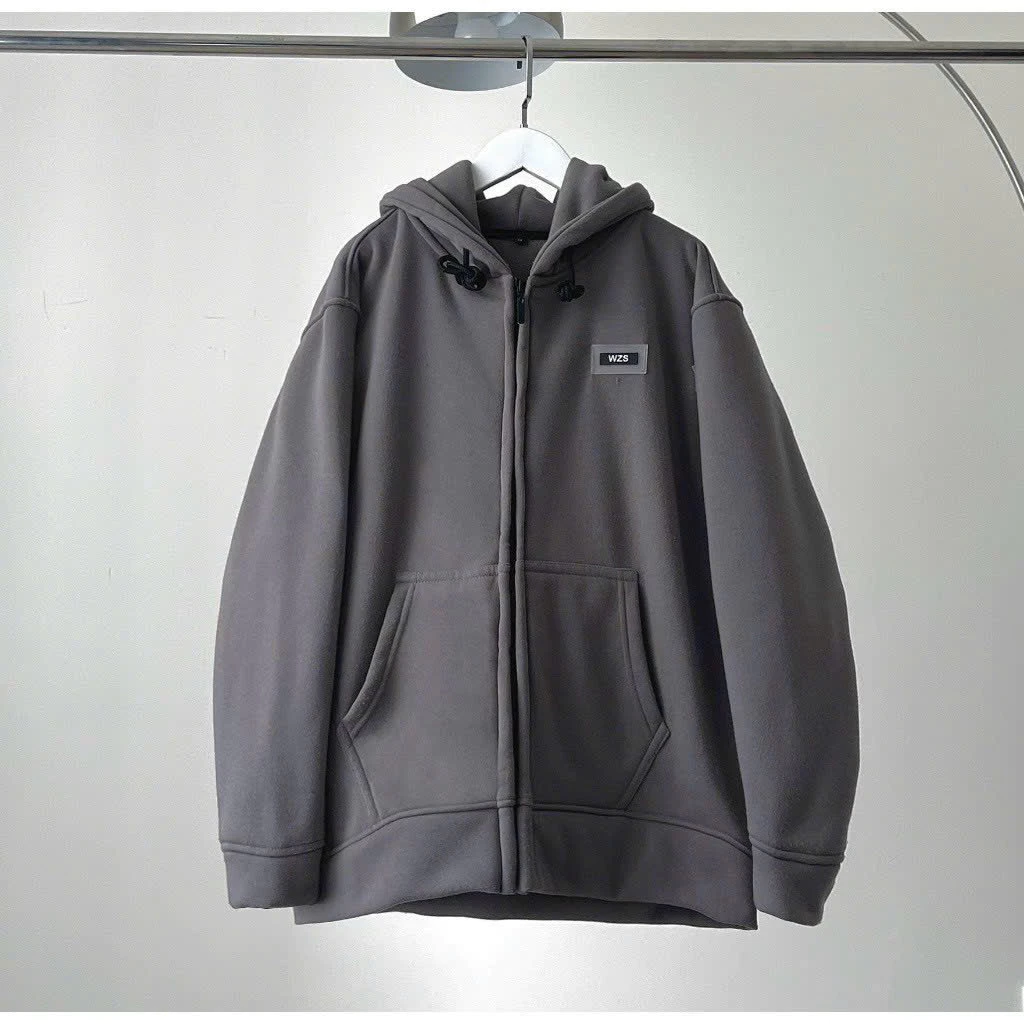 Áo khoác hoodie  basic XÁM CHÌ WZS TEM SU dây kéo vải nỉ lót bông form rộng unisex nam nữ thu đông