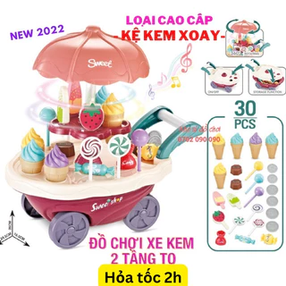 Đồ Chơi Xe Đẩy Kem, Đồ Chơi Xe Bán Kem Cho Bé Có Đèn Có Nhạc 2 Tầng Xoay 360 Độ, 30 Chi Tiết Baby Shark