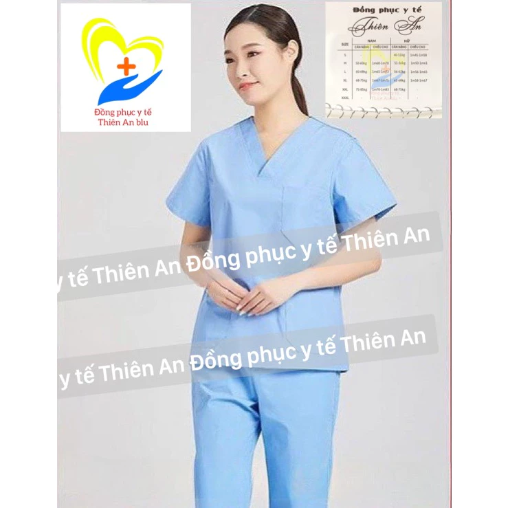 Bộ Scrubs màu xanh biển vải lon nhật - bác sĩ, blouse cổ tim, đồng phục điều dưỡng, spa, thẩm mỹ viện, dược sĩ .