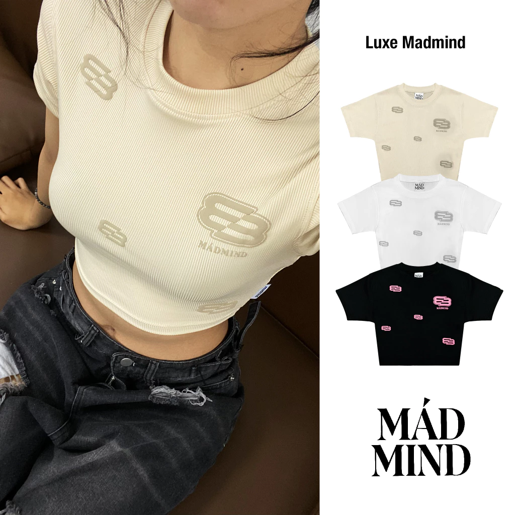 Áo Phông Croptop In Nổi Luxe Croptop Madmind Vải Thun Gân Cao Cấp, Form Ôm Body Sang Chảnh - Màu Trắng / Be / Đen