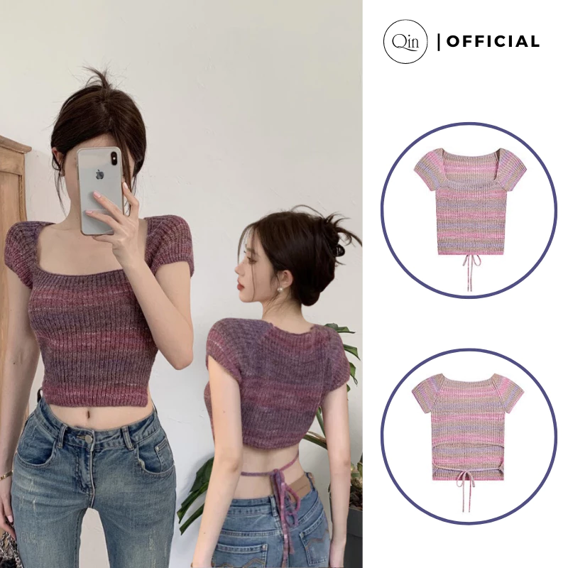 Áo Croptop Dệt Kim Qin Màu Sắc Nhẹ Nhàng Phong Cách Hàn Quốc Có Dây Thắt Eo Tôn Dáng