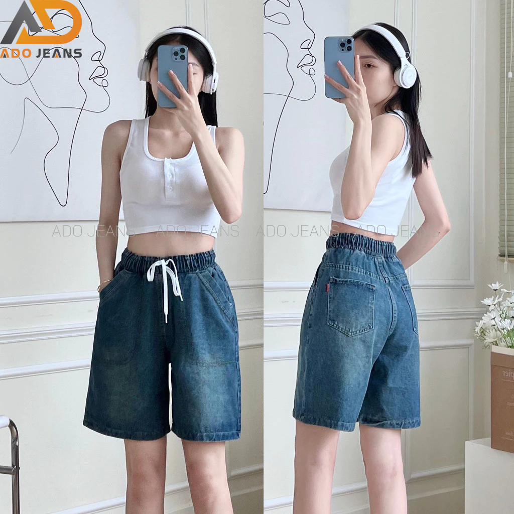 Quần ngố Jean lưng chun dây thắt, lưng thun co giãn lưng cao ống rộng có bigsize thương hiệu ADO JEANS (mã SJ111)