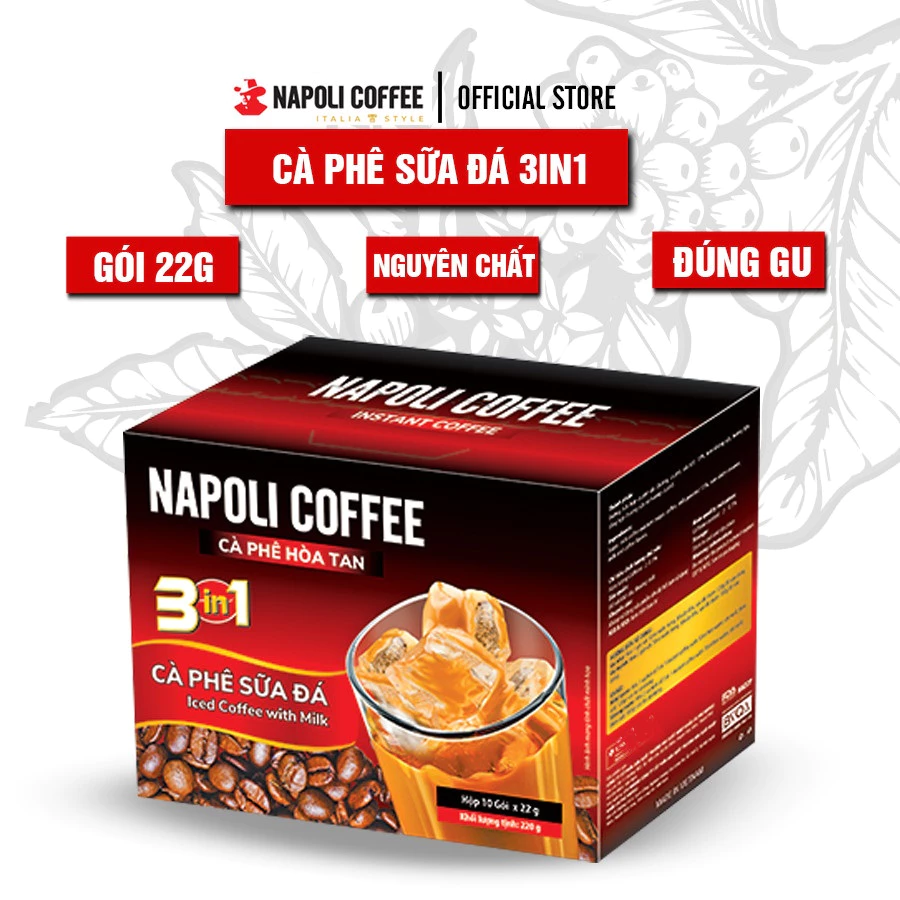 Cà phê sữa đá hòa tan 3in1 từ Arabica/Robusta hộp lớn 10 gói x 22g Napoli Coffee