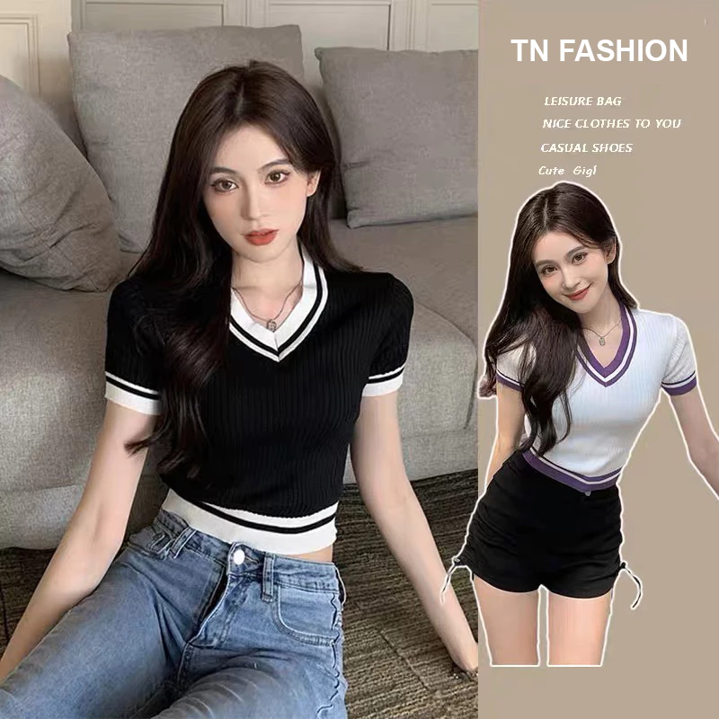 Áo croptop cổ tim nữ tay ngắn dệt kim len gân dáng ngắn kiểu ôm body Áo thun lửng kẻ viền trẻ trung gợi cảm