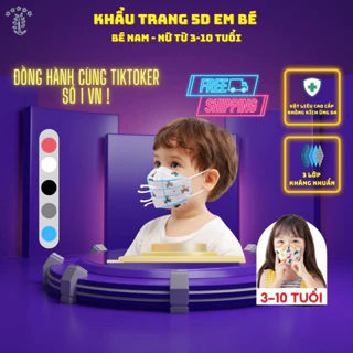 Khẩu Trang 5D Em Bé 3 - 10 tuổi kháng khuẩn 3 lớp , Khẩu Trang Chống Tia UV mix hình cao cấp