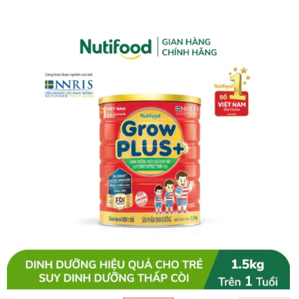 Sữa Bột Nutifood Grow Plus+ Đỏ - Hộp 1,5kg.( Có quét mã tích điểm đổi quà, date t4/2026)